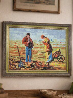 Vintage Needlepoint The Angelus after Millet Prayer Scene Painting, Embroidery
